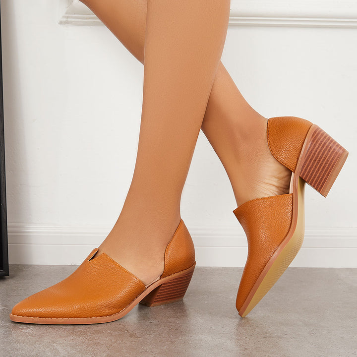 Pointed Toe Slip on Block Heel Loafers Side Cutout Ankle Boots
