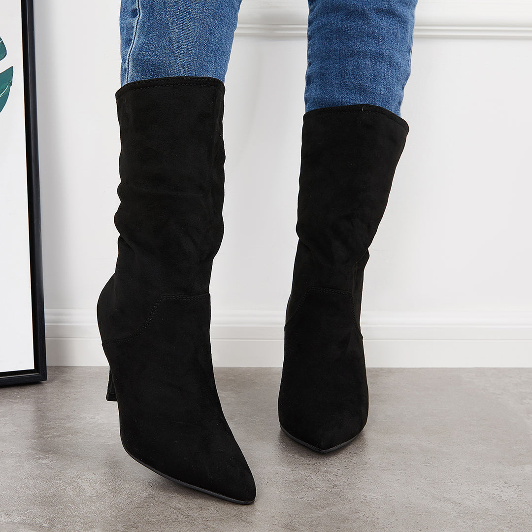 Slouchy Pointed Toe Mid Calf Boots Pull On Stilettos High Heel Boots