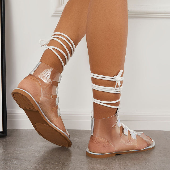Clear Open Toe Lace Up Gladiator Flat Strappy Sandals