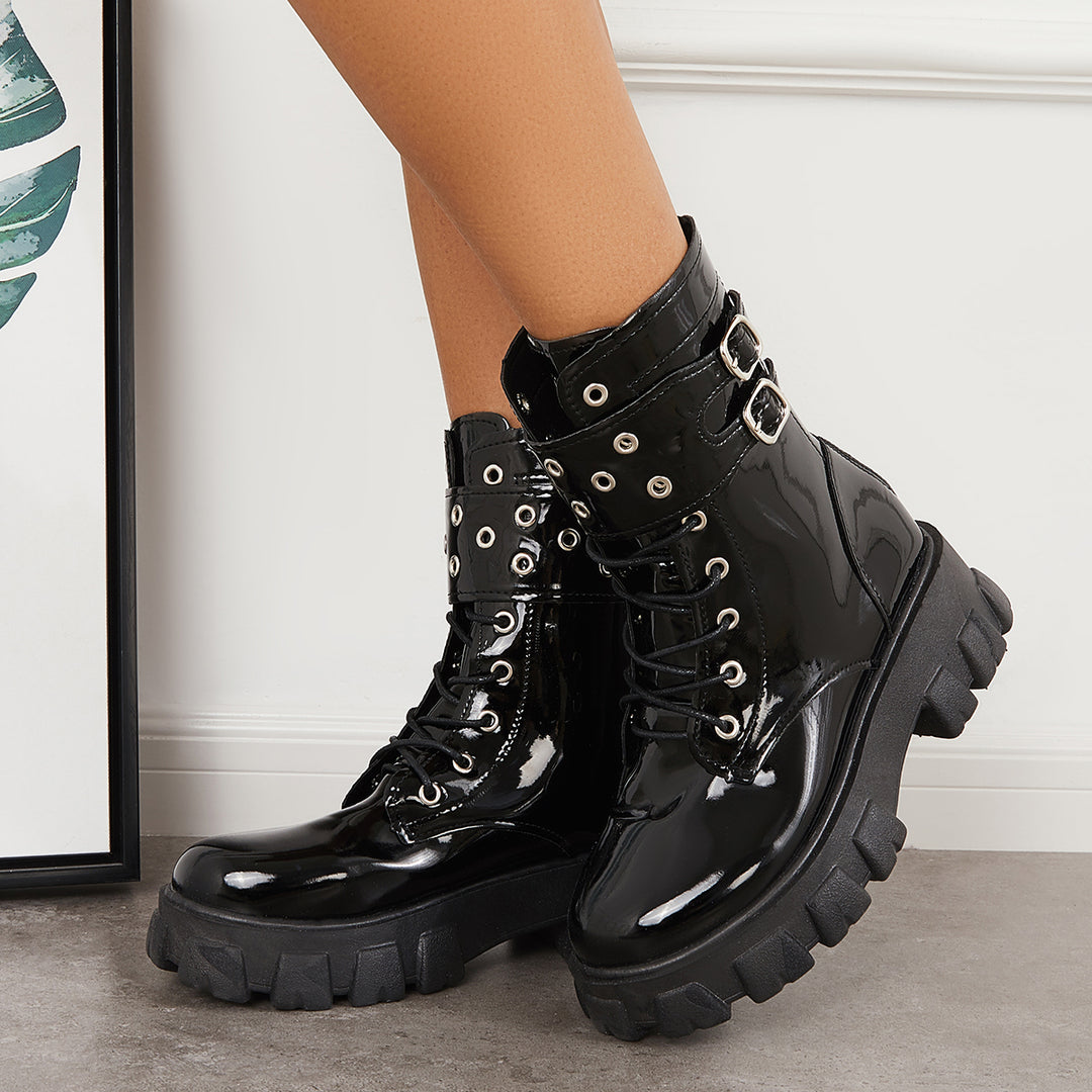 Platform Chunky Sole Ankle Booties Lace Up Front Combat Boots