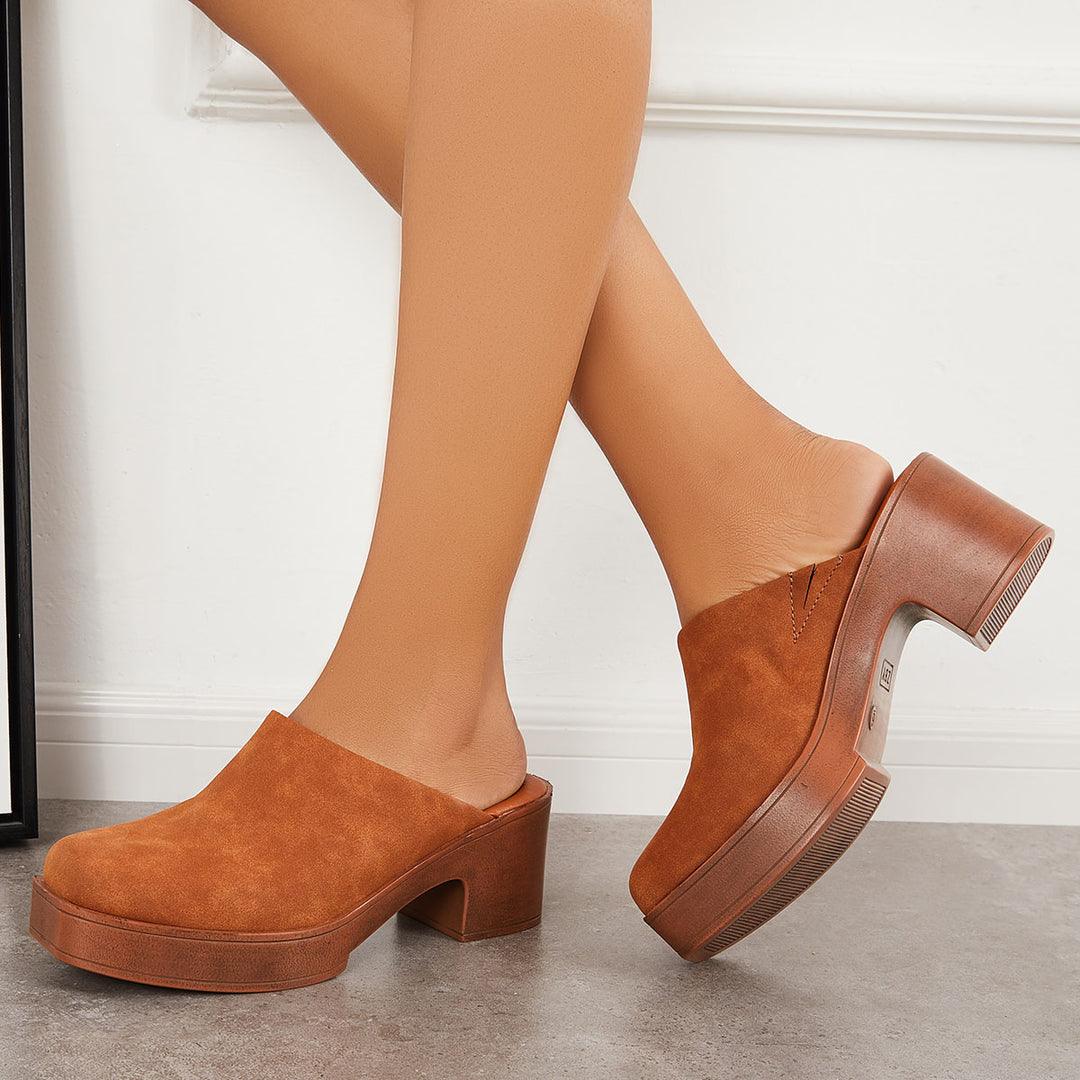 Platform Chunky Heel Mules Boots Closed Toe Slip on Shoes