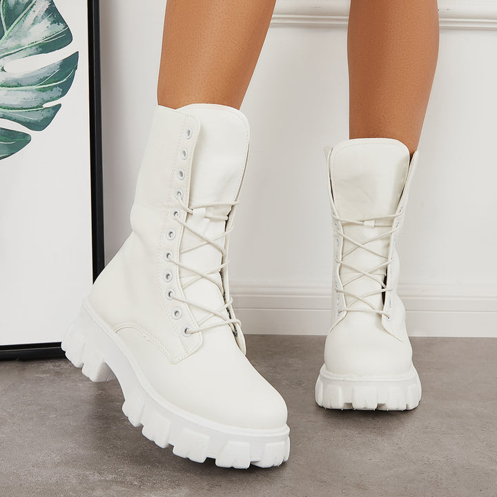 Lace Up Platform Chunky Heel Combat Boots Lug Sole Mid Calf Boots