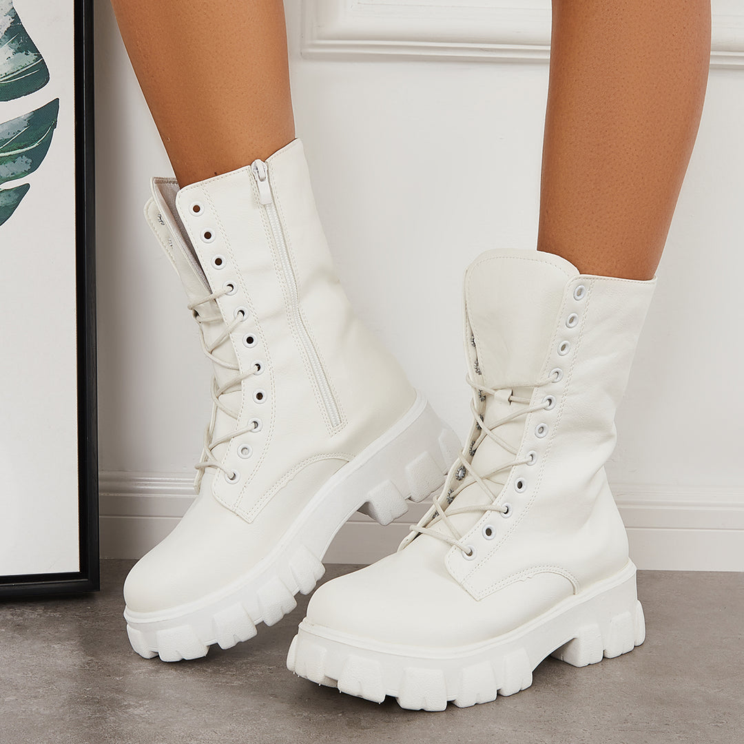 Lace Up Platform Chunky Heel Combat Boots Lug Sole Mid Calf Boots