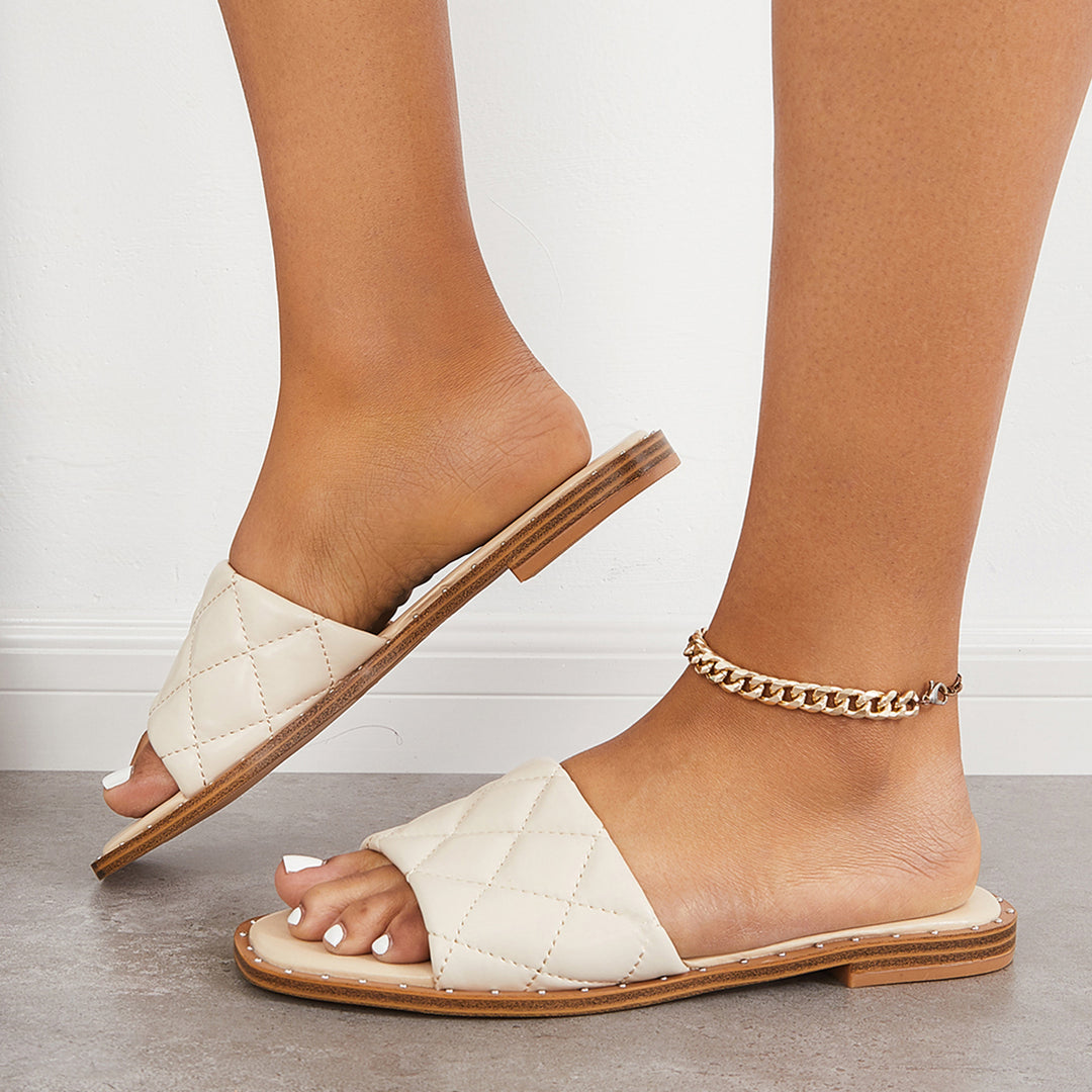 Square Open Toe Comfort Slides Slip on Flat Sandals
