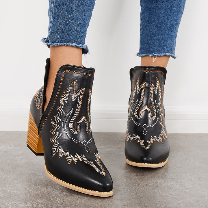 Western Ankle Cowgirl Boots Slip on Cutout Chunky Heel Booties