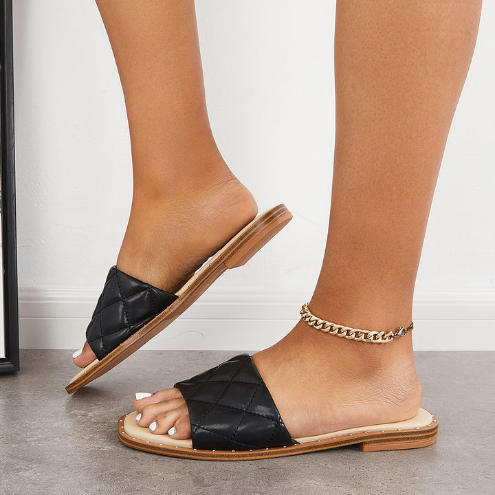 Square Open Toe Comfort Slides Slip on Flat Sandals