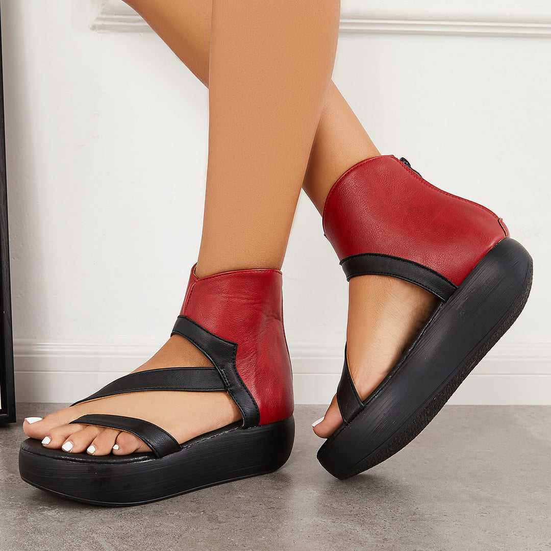 Women Toe Ring High Top Flatform Sandals Back Zipper Sandals