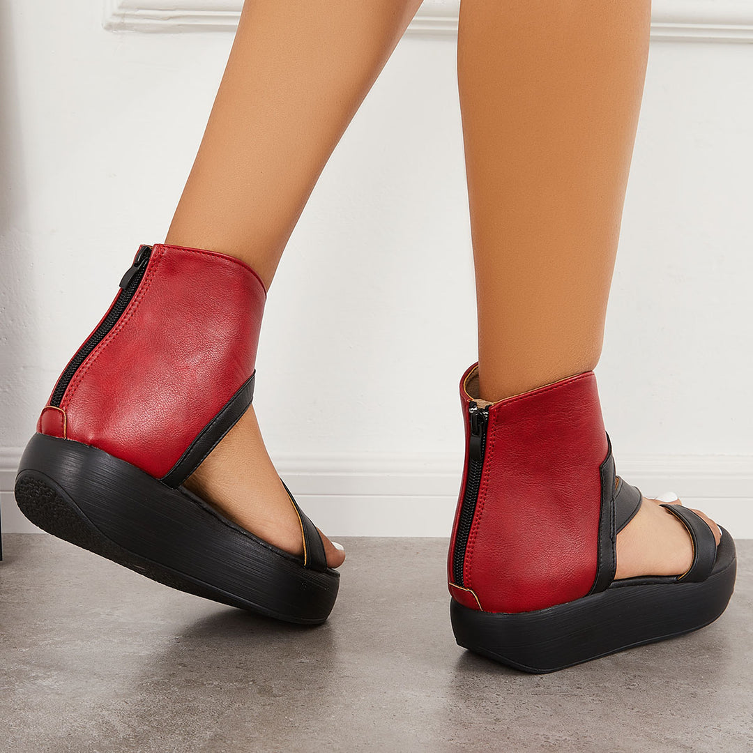 Women Toe Ring High Top Flatform Sandals Back Zipper Sandals