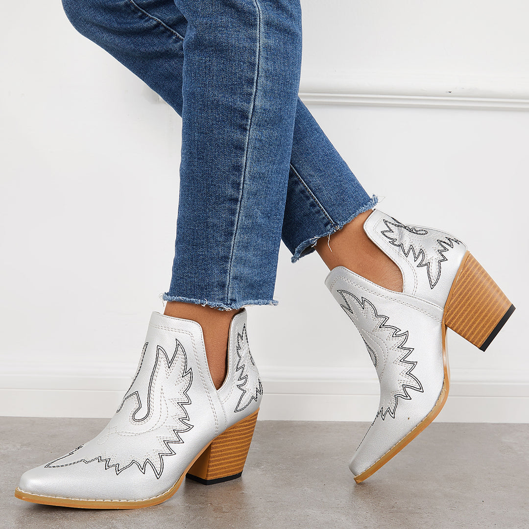 Western Ankle Cowgirl Boots Slip on Cutout Chunky Heel Booties