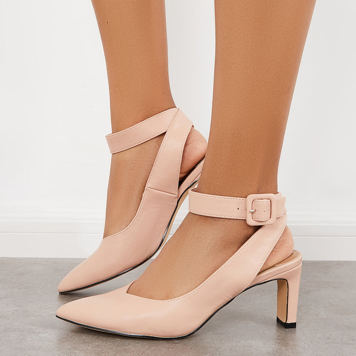 Slingback Chunky Heel Pumps Pointed Toe Ankle Strap Sandals