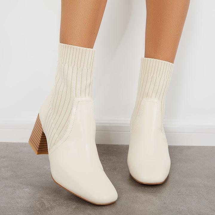 Knit Square Toe Sock Booties Stacked Chunky Heel Chelsea Boots