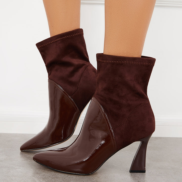 Splicing Ankle Boots Pointed Toe High Heel Sock Booties