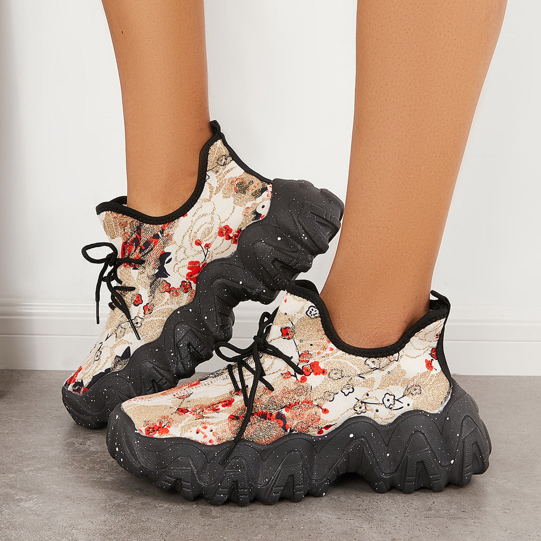 Floral Lightweight Running Sneakers Platform Heel Walking Shoes