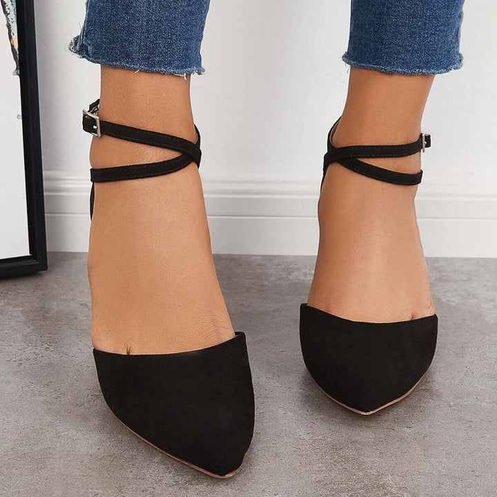 Block Chunky Low Heels Pointed Toe Ankle Strap Pumps