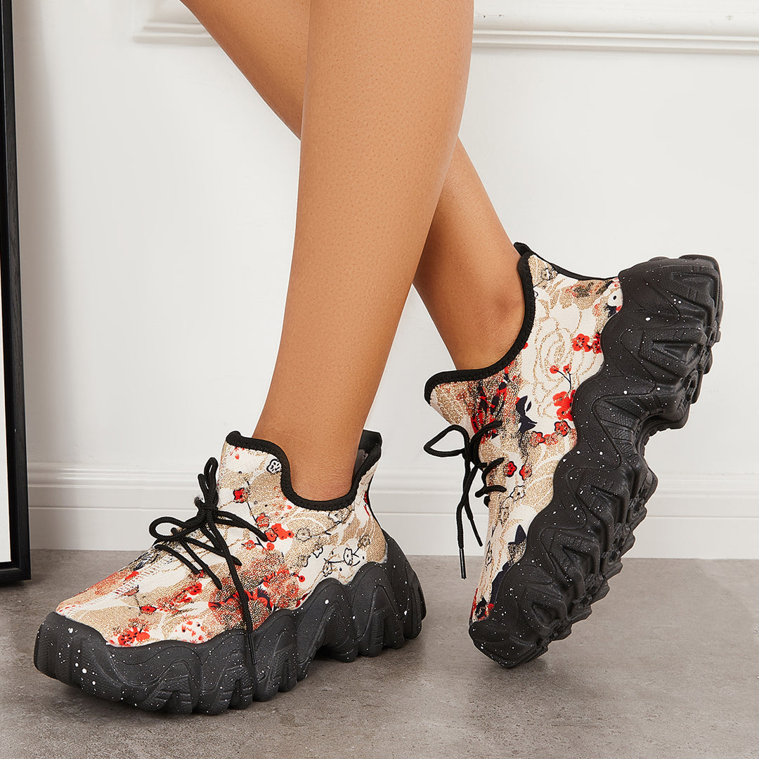 Floral Lightweight Running Sneakers Platform Heel Walking Shoes