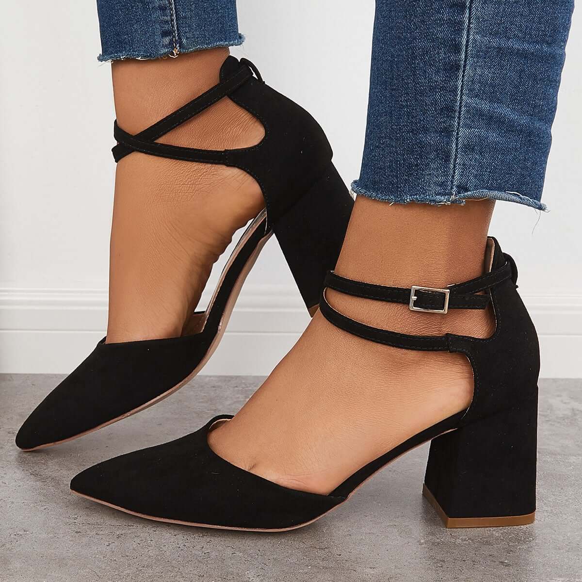 Block Chunky Low Heels Pointed Toe Ankle Strap Pumps – Tinstree