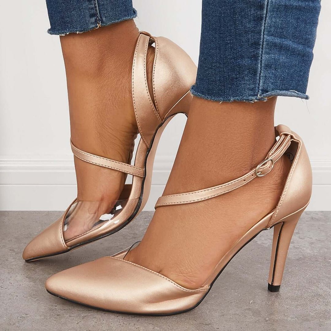 Pointed Toe Stiletto High Heels Ankle Strap Dress Pumps