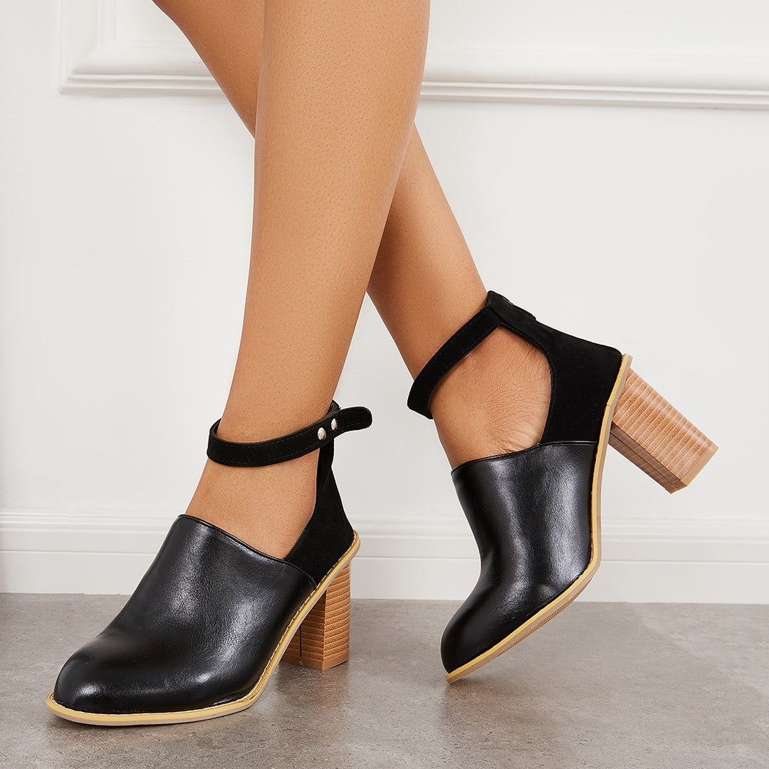 Retro Black Chunky Stacked High Heels Ankle Strap Boots