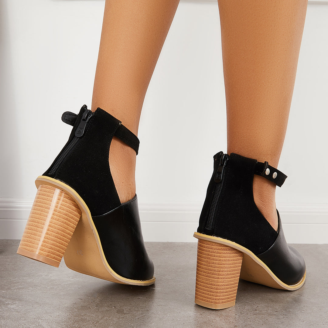 Retro Black Chunky Stacked High Heels Ankle Strap Boots