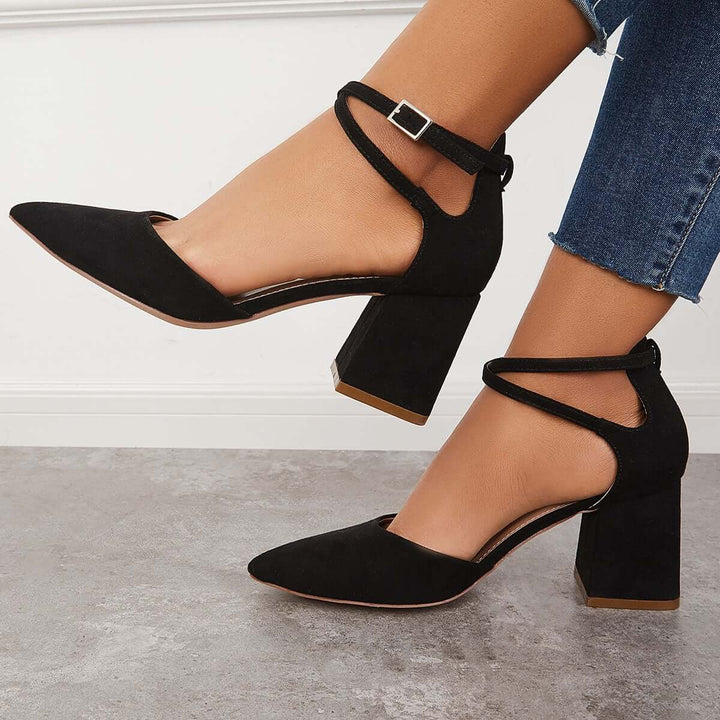 Block Chunky Low Heels Pointed Toe Ankle Strap Pumps