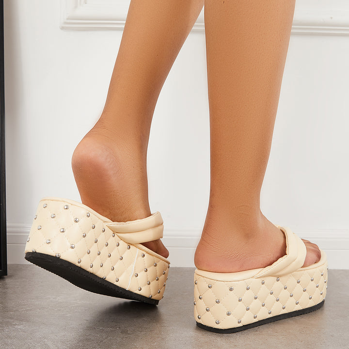 Rivet Platform Heel Flip Flops Sandals Solid Color Slippers