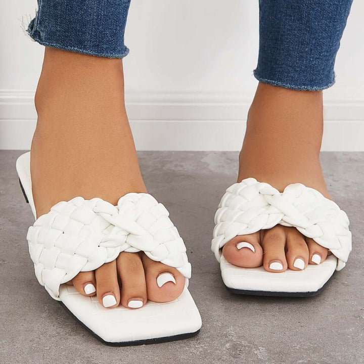 Square Toe Woven Flat Slippers Slide Sandals