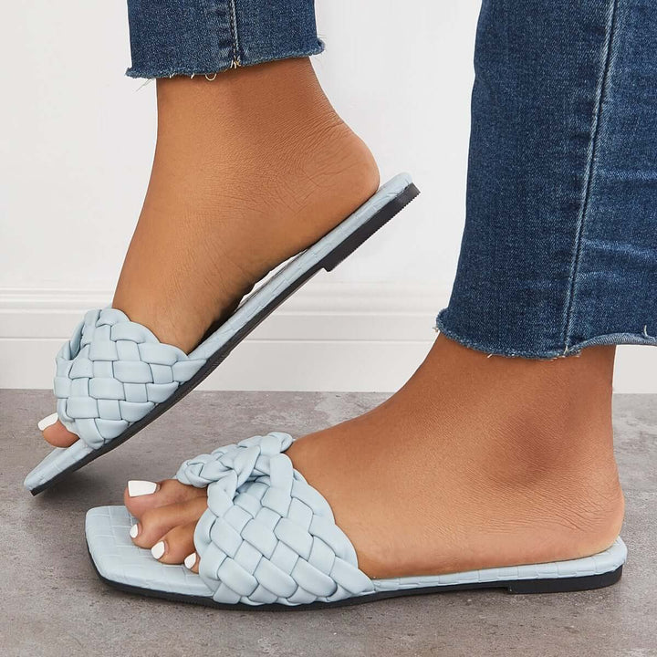 Square Toe Woven Flat Slippers Slide Sandals