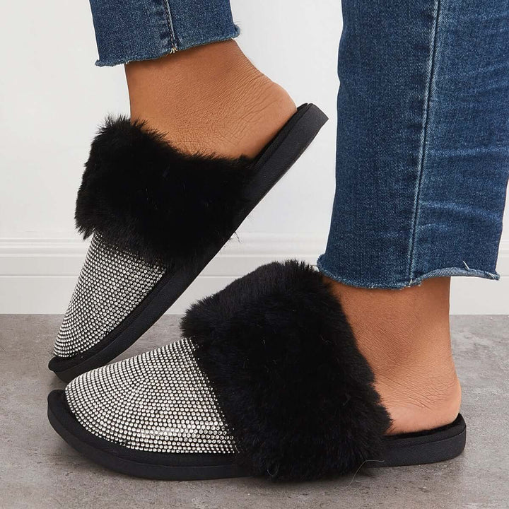 Black Warm Faux Fur Mule Slipper Furry Soft Slip on Shoes