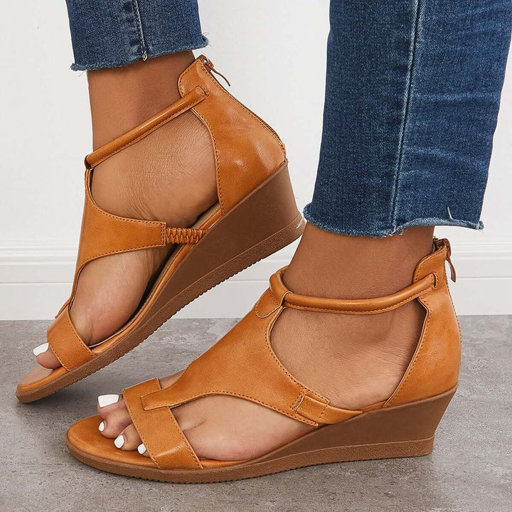 Casual T-Strap Low Wedge Sandals Back Zipper Ankle Strap Shoes