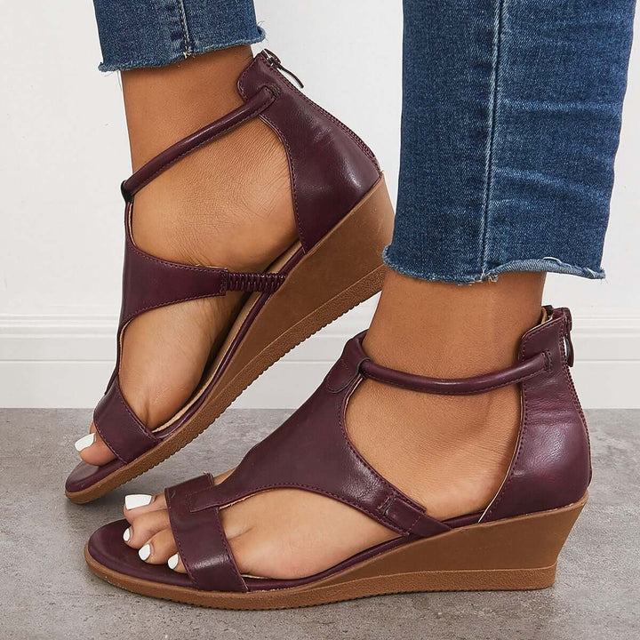 Casual T-Strap Low Wedge Sandals Back Zipper Ankle Strap Shoes