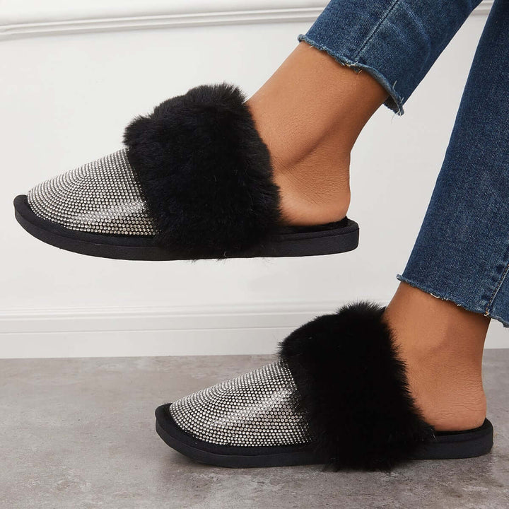 Black Warm Faux Fur Mule Slipper Furry Soft Slip on Shoes