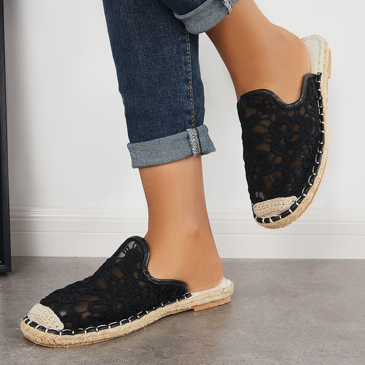 Crochet Lace Espadrille Flat Mules Slip on Sandals