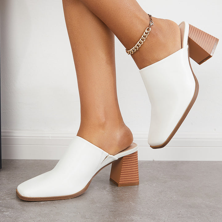 Square Toe Chunky Heel Mules Boots Slip on Backless Pumps
