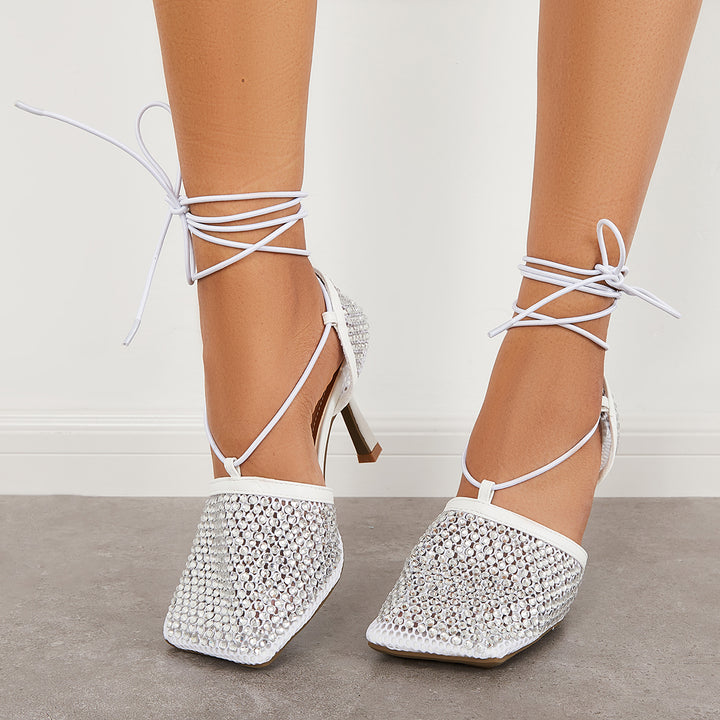 Rhinestone Square Toe Lace Up Strappy Stiletto Heel Sandals