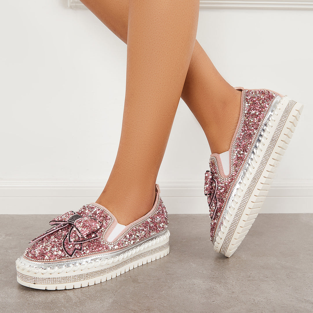 Glitter Bowknot Platform Loafers Slip on Walking Shoes