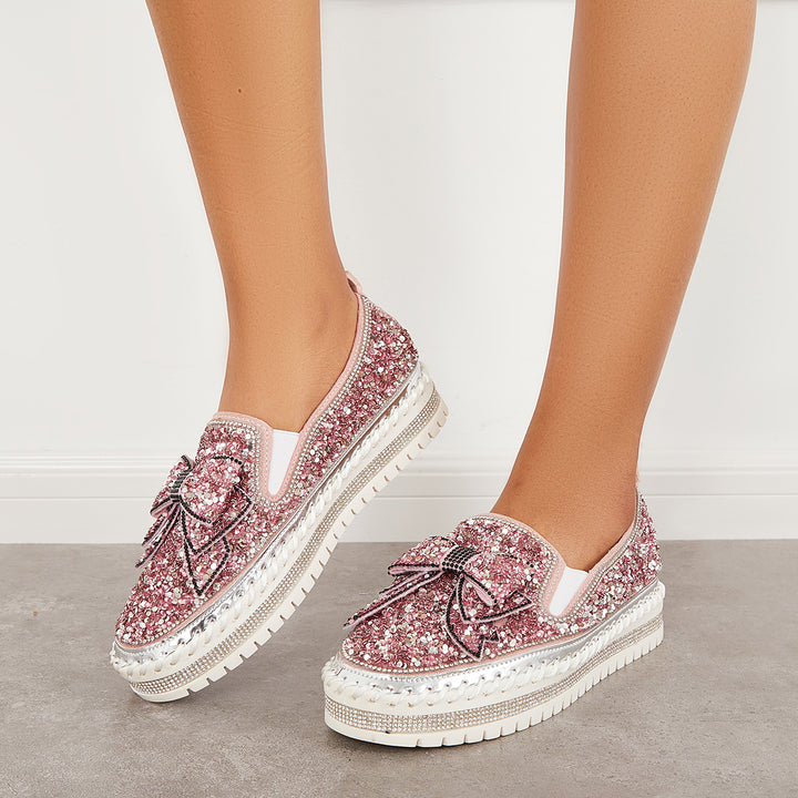 Glitter Bowknot Platform Loafers Slip on Walking Shoes