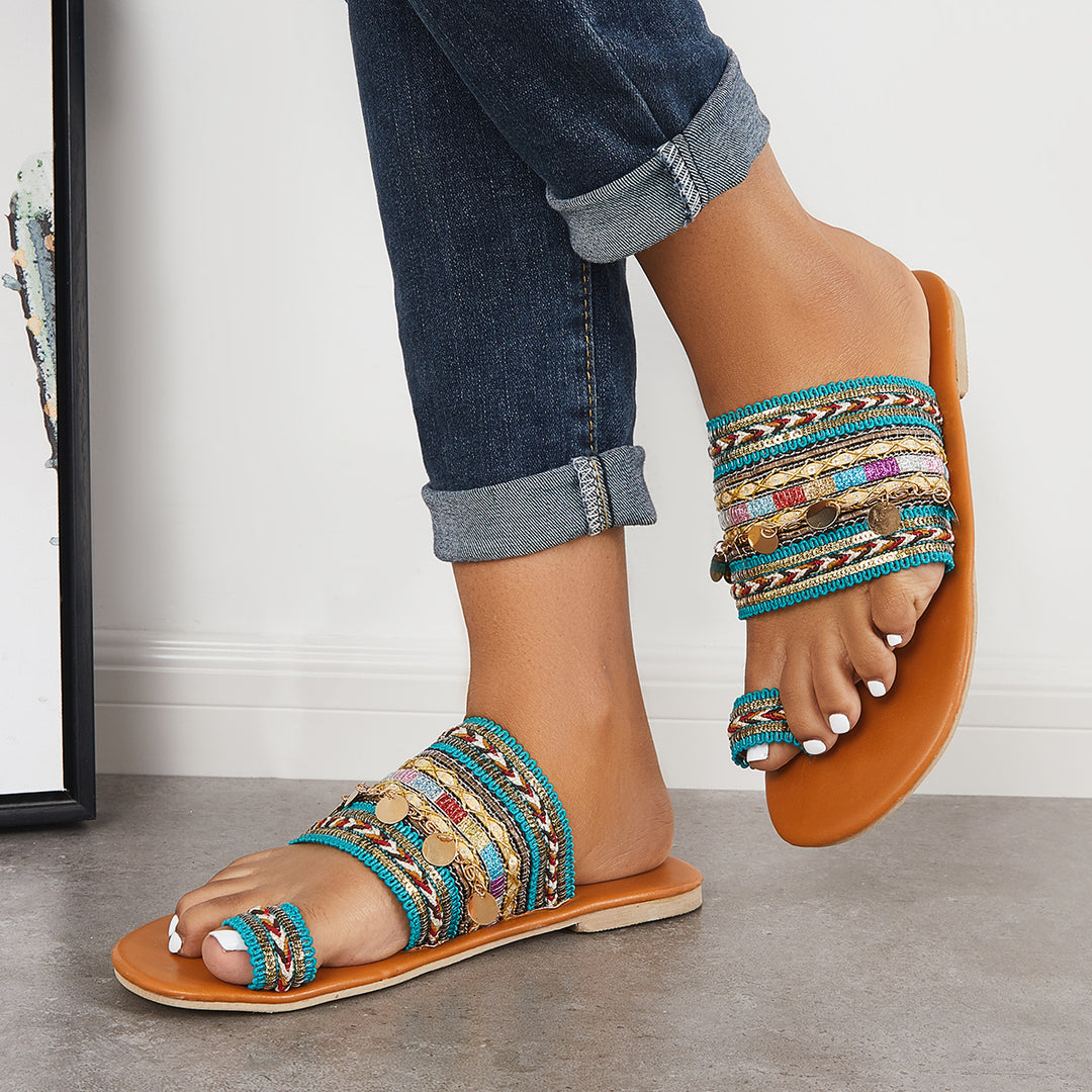 Boho Toe Ring Slip on Flat Slippers Slide Sandals