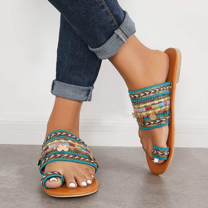 Boho Toe Ring Slip on Flat Slippers Slide Sandals