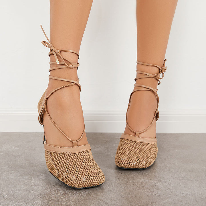 Mesh Square Toe Lace Up Strappy High Heel Sandals