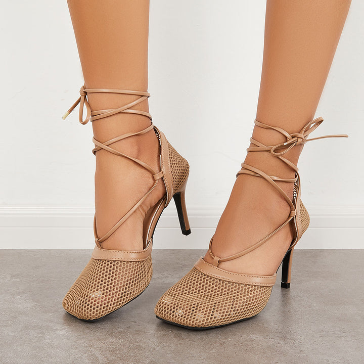 Mesh Square Toe Lace Up Strappy High Heel Sandals