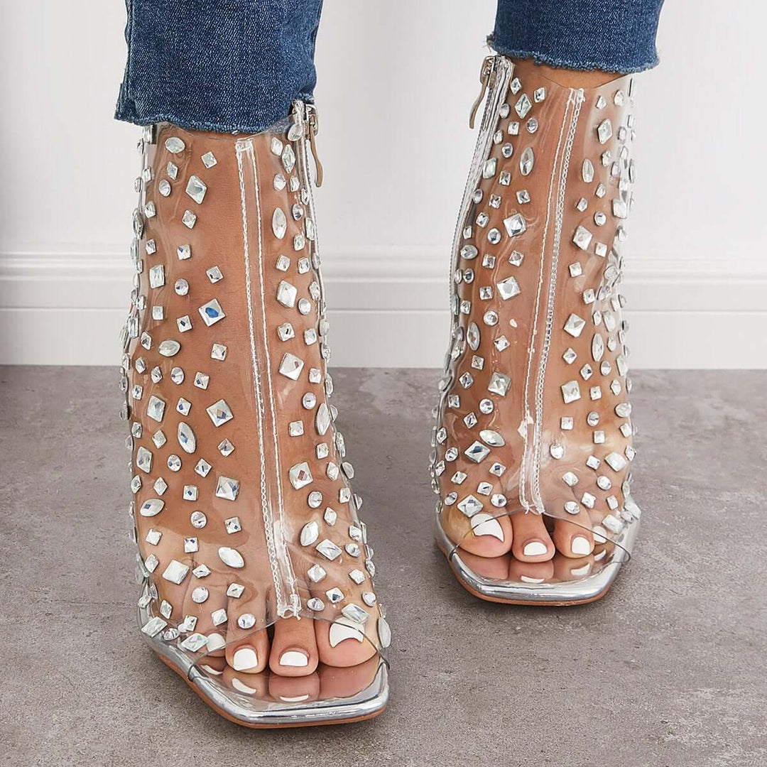 Clear Rhinestone Stiletto Heels Square Toe Zipper Sandals