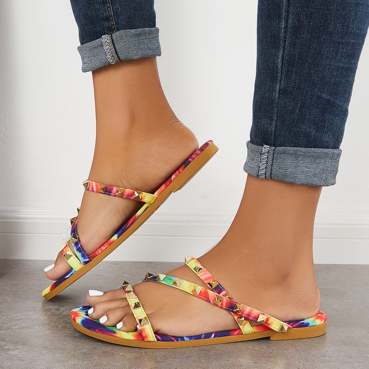 Multicolor Rivet Decor Bands Straps Slide Sandals