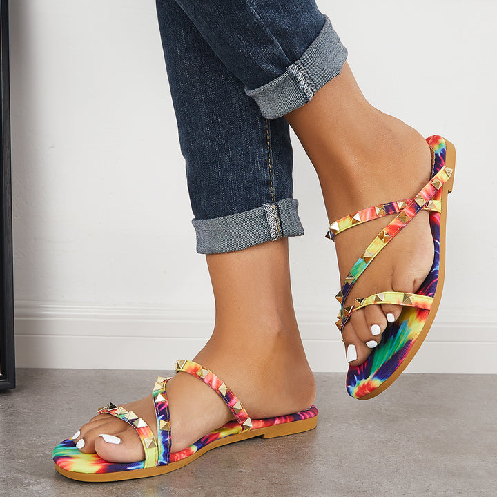 Multicolor Rivet Decor Bands Straps Slide Sandals