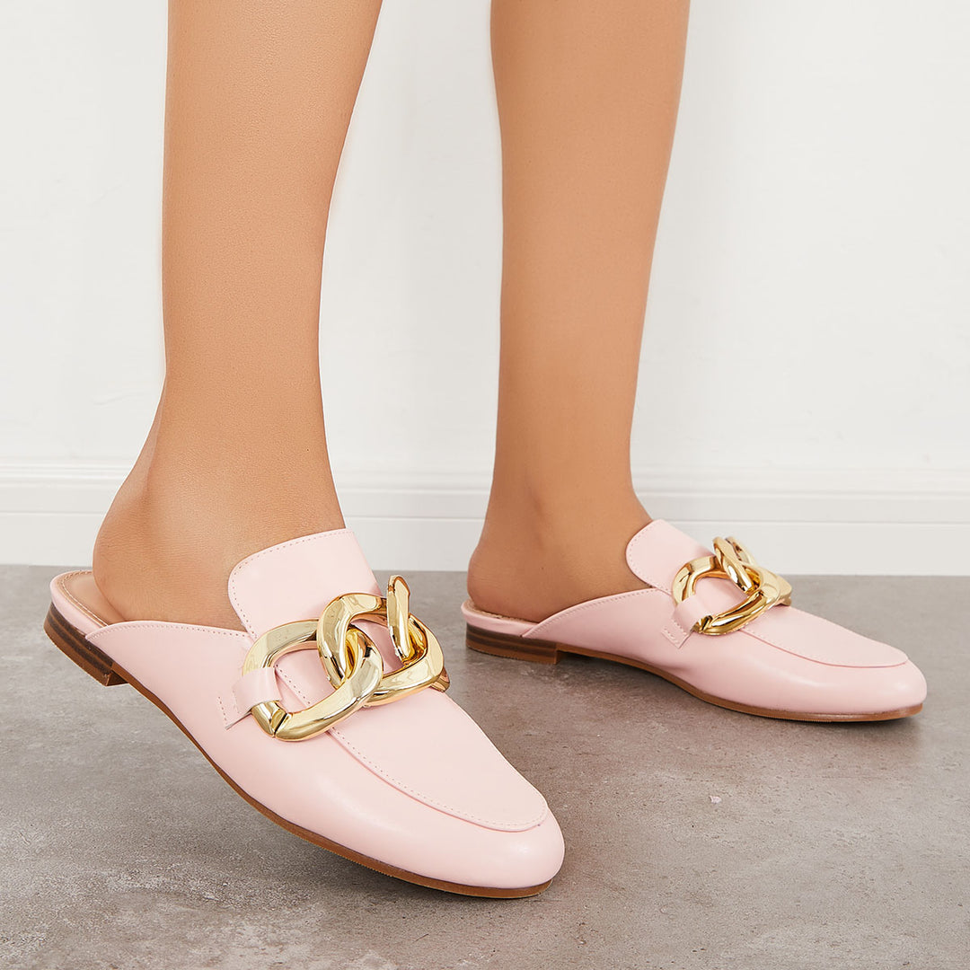 Chain Decor Closed Toe Flat Mule Shoes Slip on Loafers