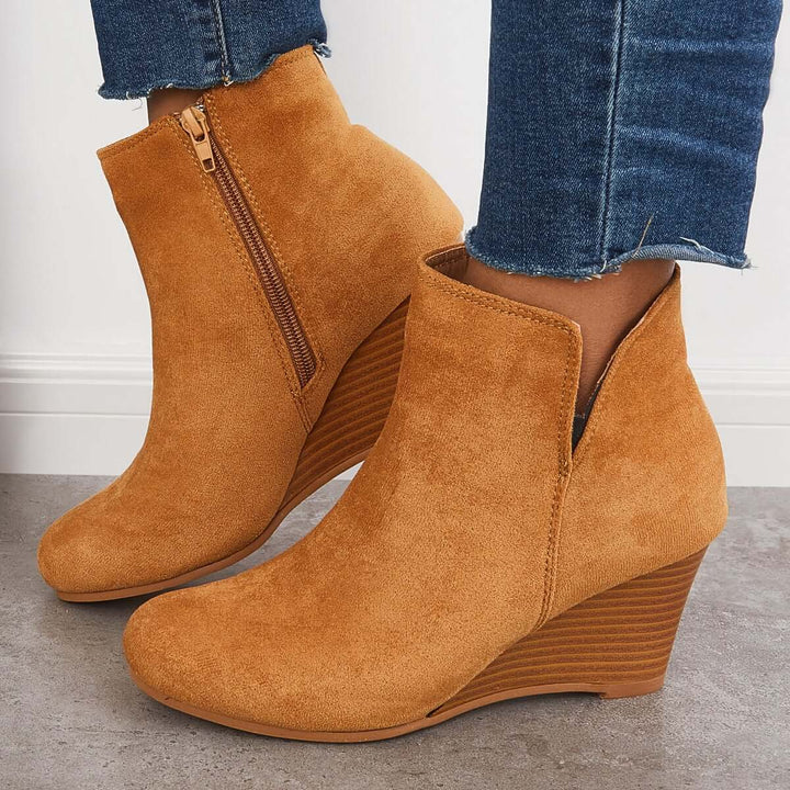 Cutout Ankle Wedge Booties V-cut Stacked Heel Boots