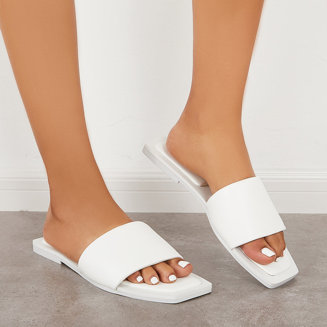 Square Open Toe Slides Single Band Flat Sandals