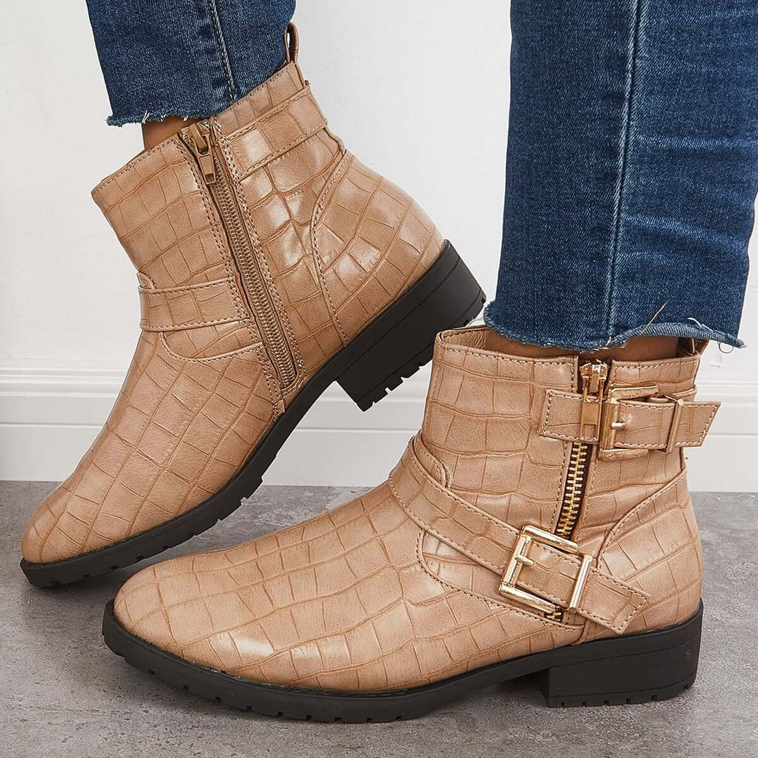 Round Toe Ankle Boot Chunky Low Heel Side Zipper Booties