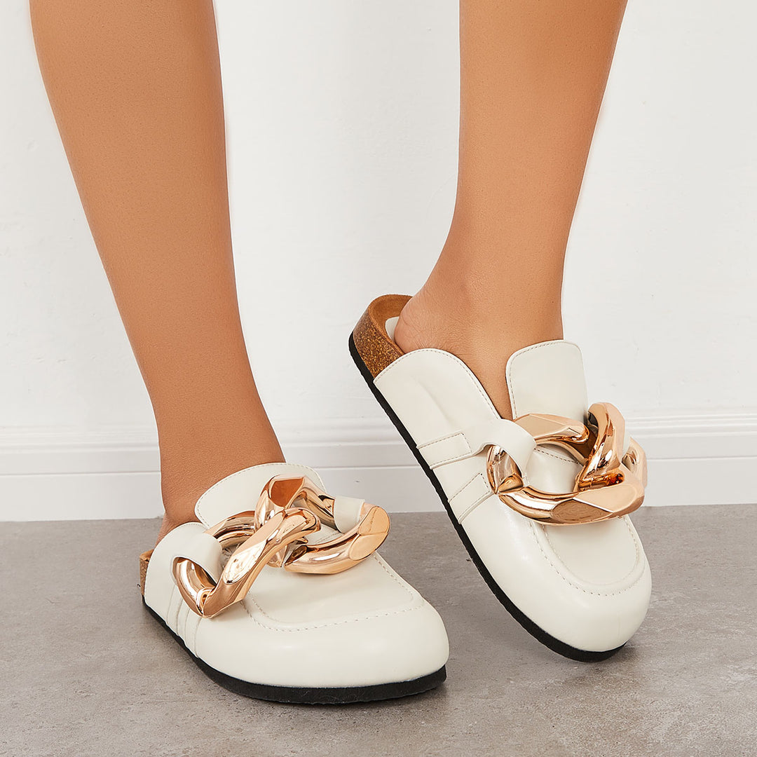 Chain Decor Flat Mule Shoes Slip on Backless Loafers