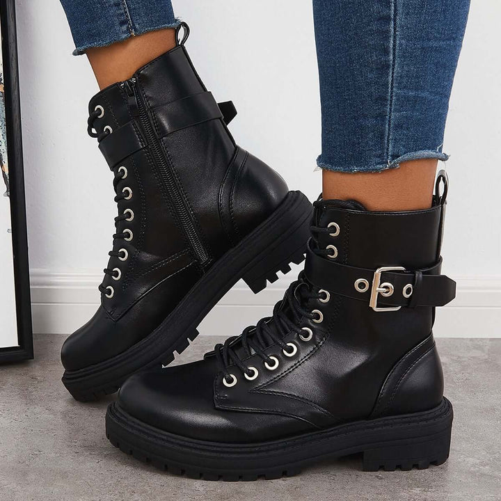 Chunky Platform Combat Booties Lace Up Lug Sole Ankle Boots