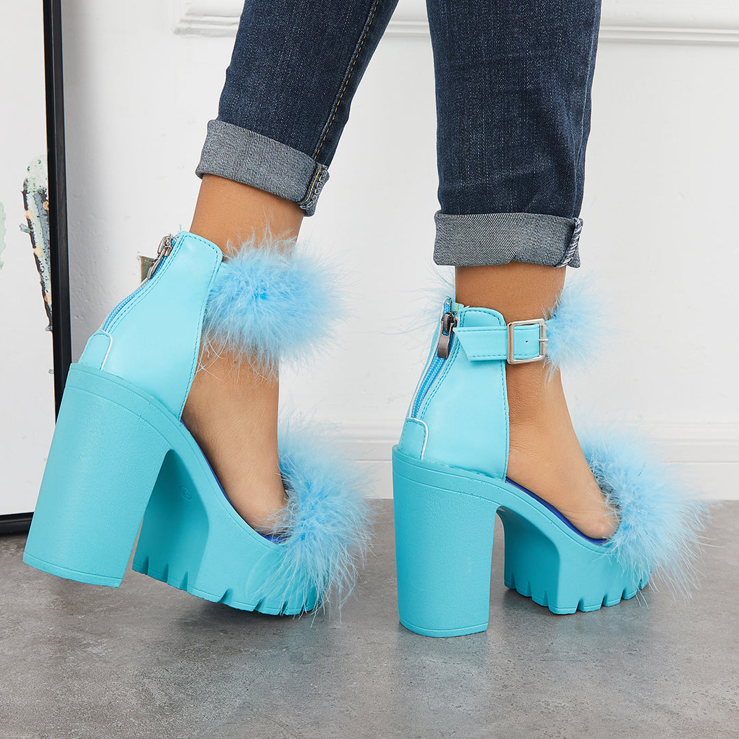 Furry Platform Chunky High Heels Open Toe Ankle Strap Sandals